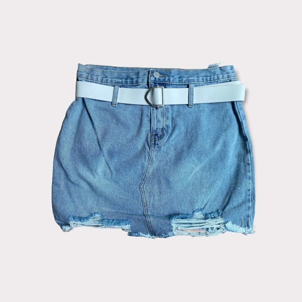 Grey Lab LA Denim Mini Skirt White Belt Sz M